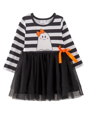 Fall Halloween Ghost Baby Girls Tutu Skirt Long Sleeve Stripe Dress