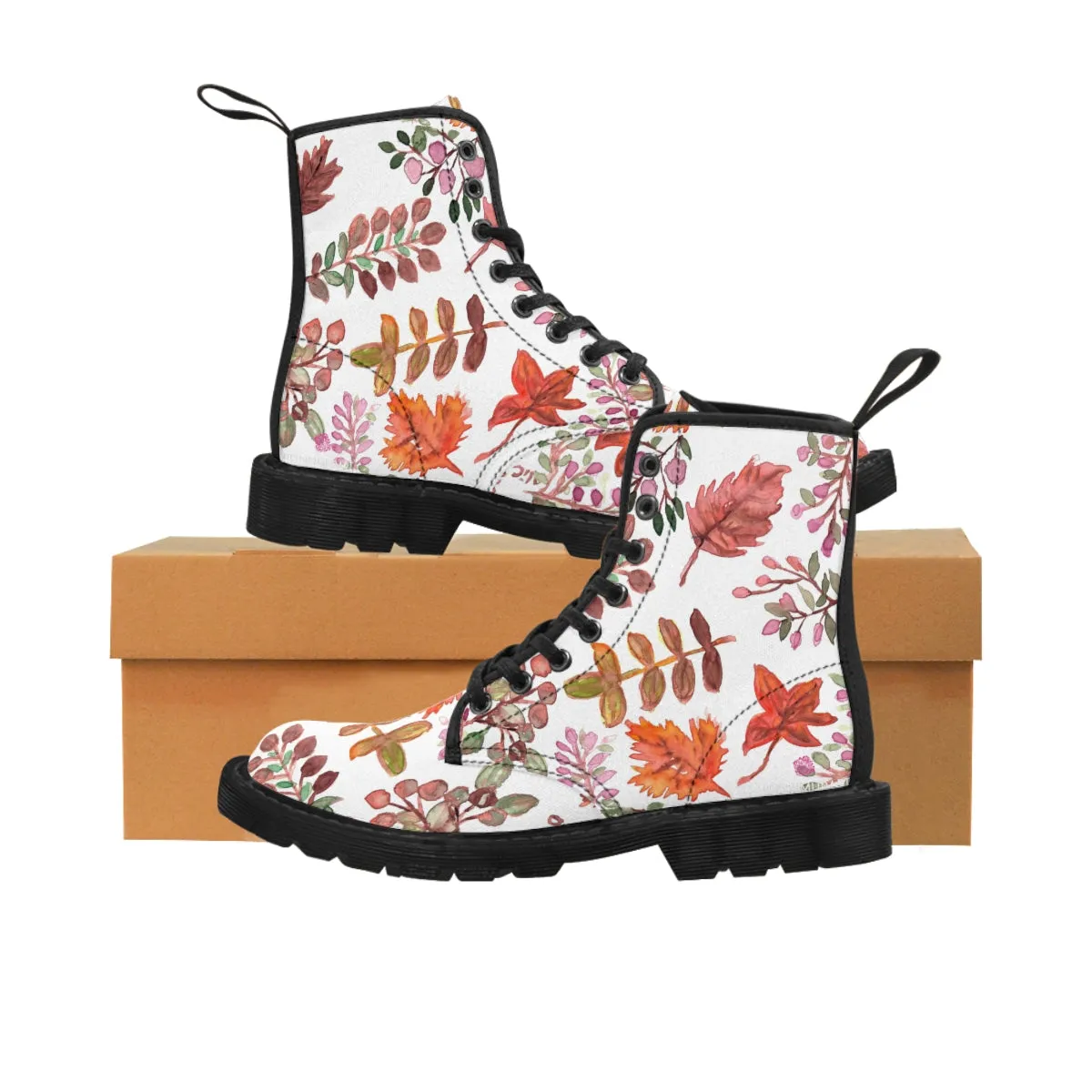 Fall Leaves Print Women's Boots, White Autumn Fall Leaves Print Women's Boots, Best Winter Boots For Women