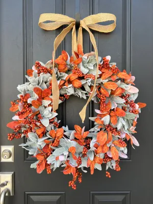 Fall Orange Berry and Lamb's Ear Wreath