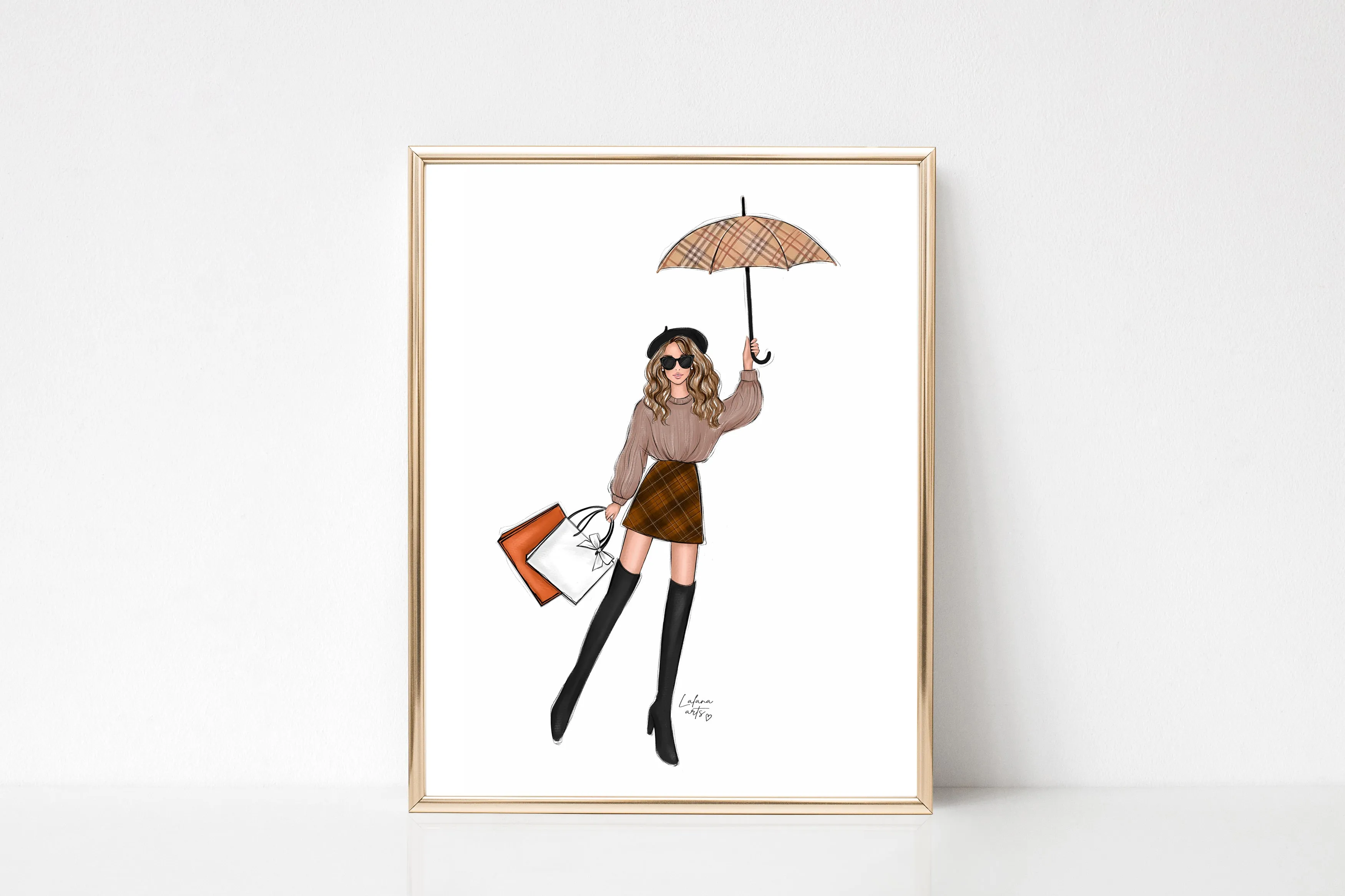 Fall outfit girl with umbrella art print fashion illustration