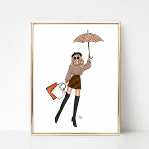 Fall outfit girl with umbrella art print fashion illustration