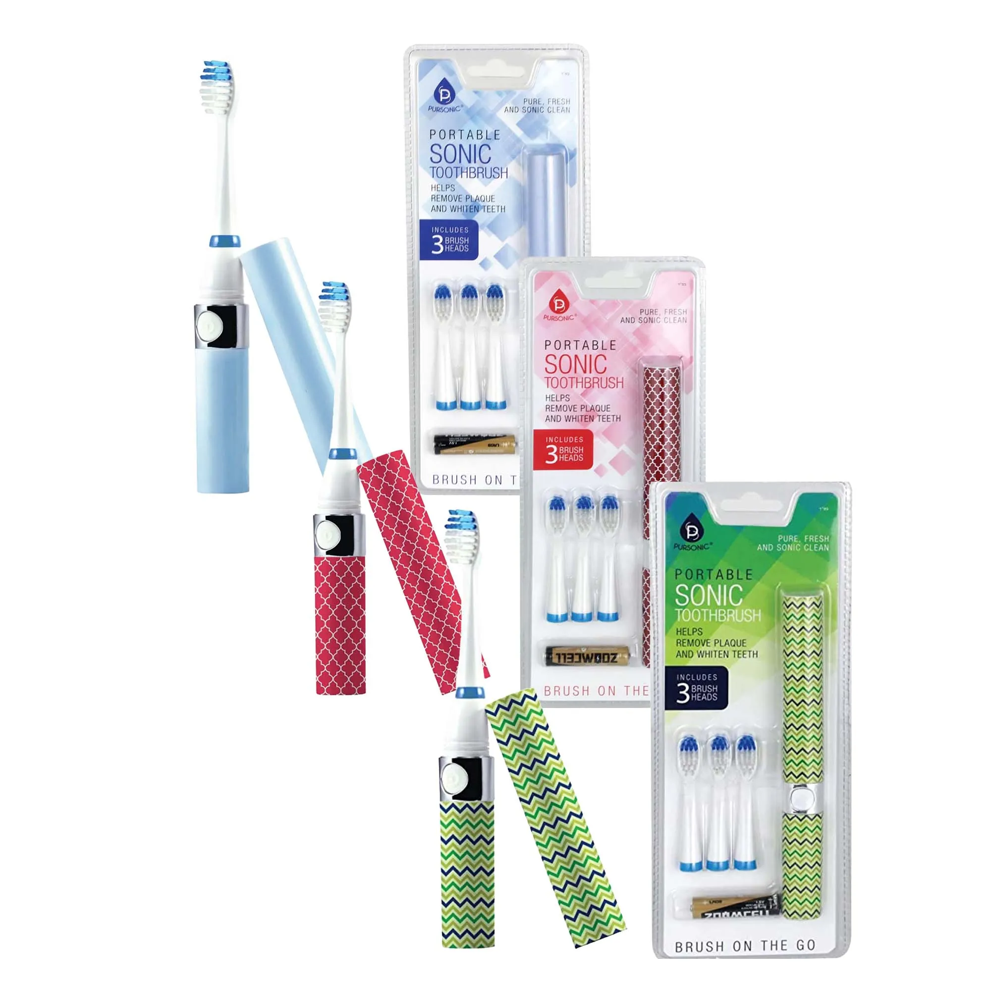 Family Bundle: Pursonic Portable Sonic Toothbrush 3-Pack (Blue, Green, Pink)