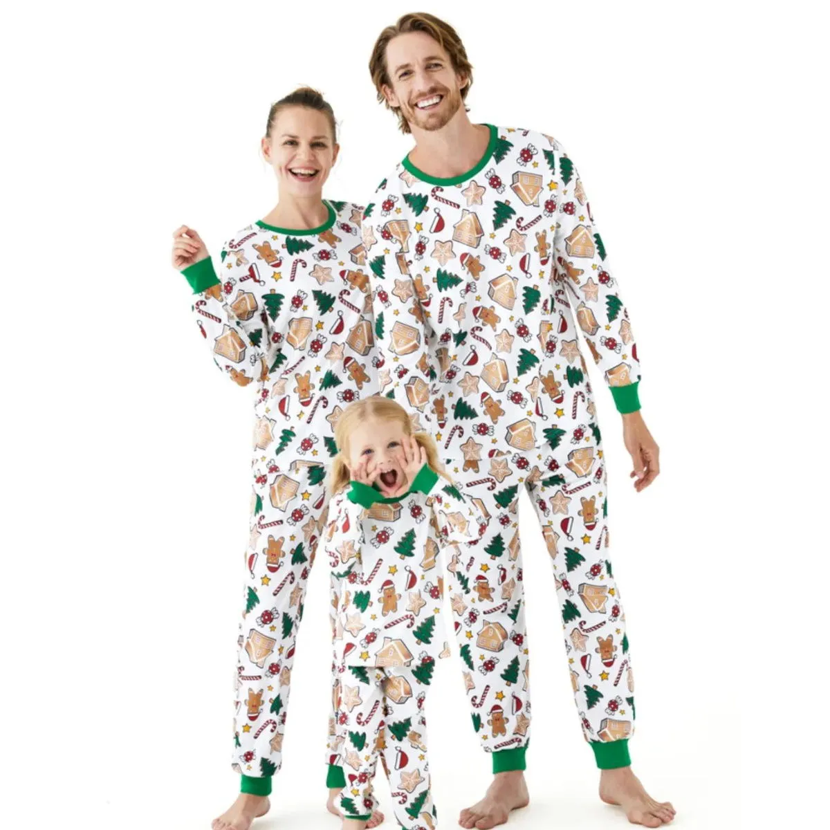 Family Christmas Pajamas Allover Gingerbread Christmas Tree Candy Canes Candy House Star