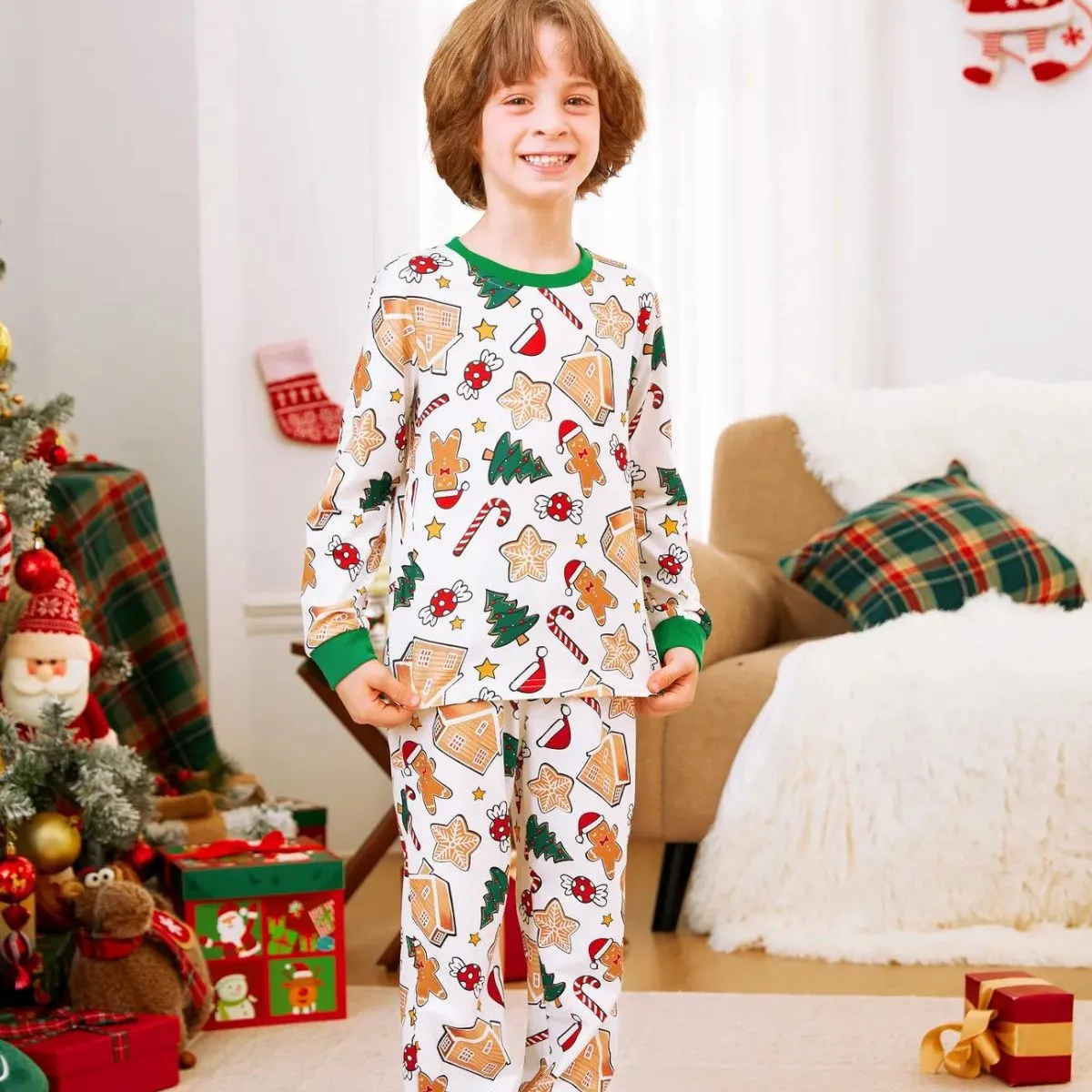 Family Christmas Pajamas Allover Gingerbread Christmas Tree Candy Canes Candy House Star