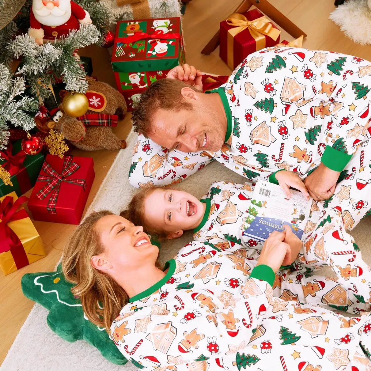 Family Christmas Pajamas Allover Gingerbread Christmas Tree Candy Canes Candy House Star