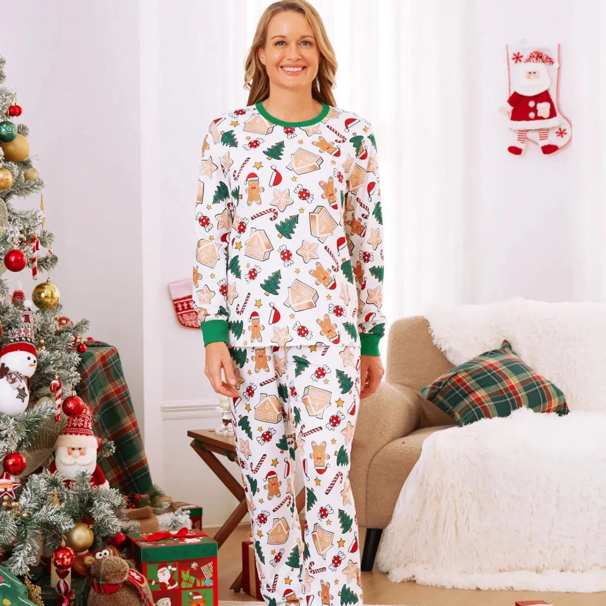 Family Christmas Pajamas Allover Gingerbread Christmas Tree Candy Canes Candy House Star