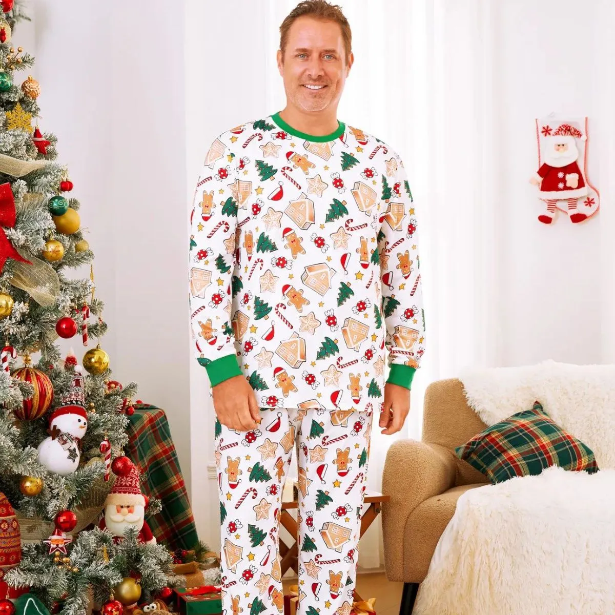 Family Christmas Pajamas Allover Gingerbread Christmas Tree Candy Canes Candy House Star