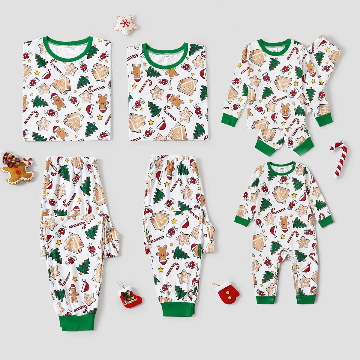 Family Christmas Pajamas Allover Gingerbread Christmas Tree Candy Canes Candy House Star