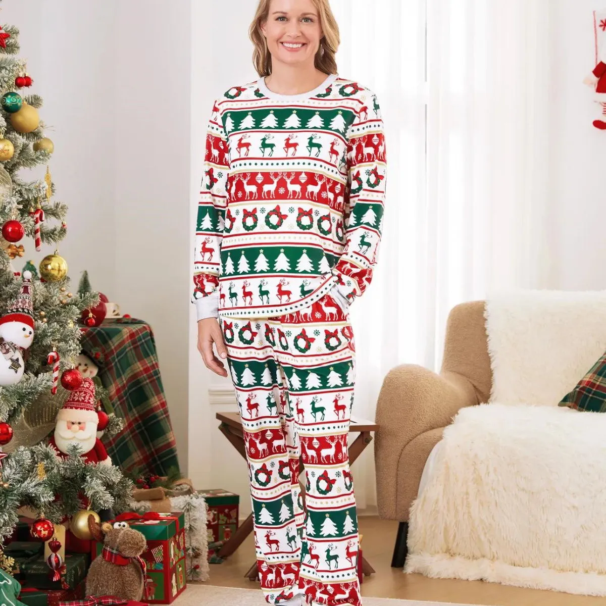 Family Christmas Pajamas Allover Xmas Tree Reindeer Wreath Bowknot