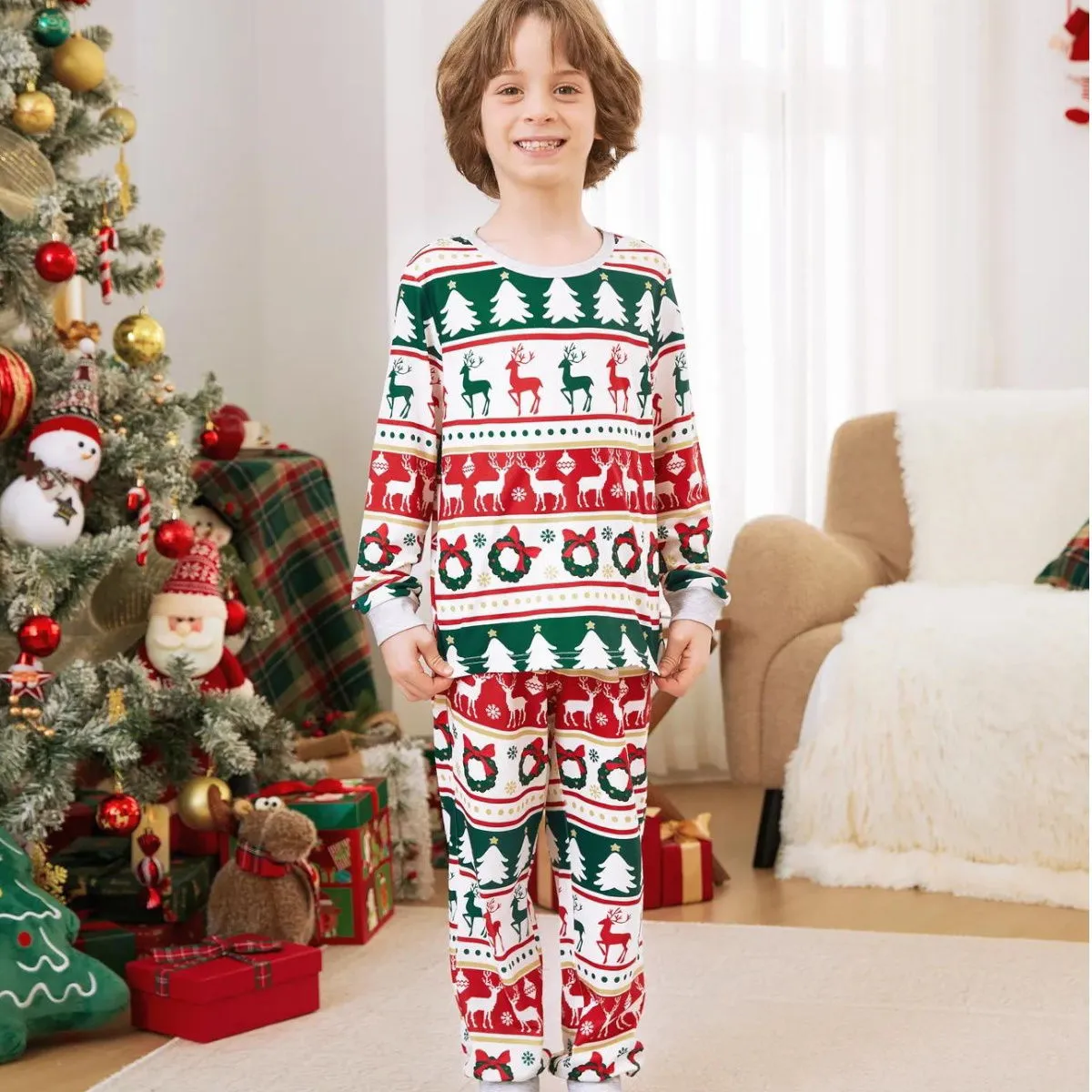 Family Christmas Pajamas Allover Xmas Tree Reindeer Wreath Bowknot