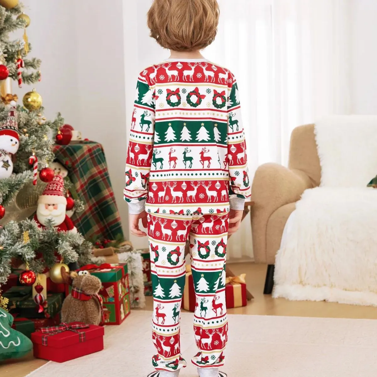 Family Christmas Pajamas Allover Xmas Tree Reindeer Wreath Bowknot