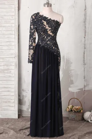 Fancy Black Beaded Lace Chiffon Unique One Sleeve A-line Prom Dress