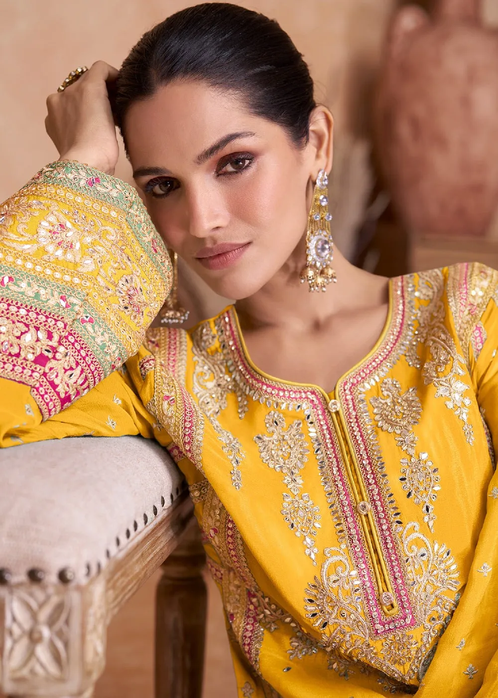 Fancy Bright Yellow Chinnon Embroidered Designer Palazzo Suit