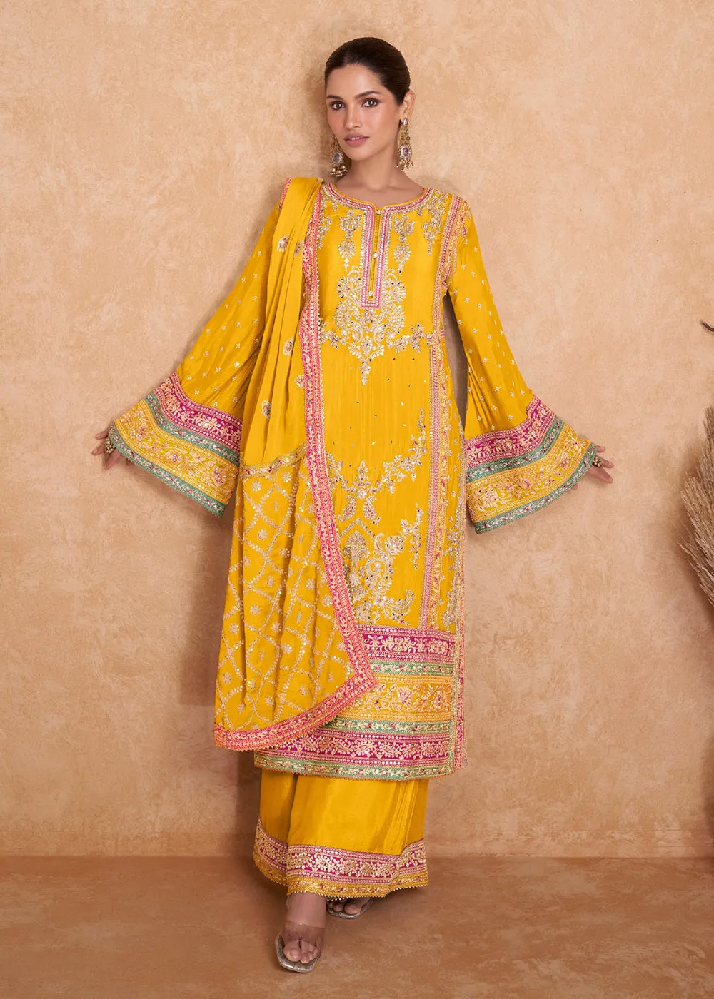 Fancy Bright Yellow Chinnon Embroidered Designer Palazzo Suit