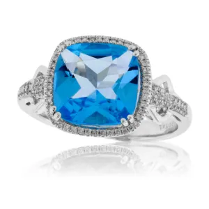 Fancy Cut Blue Topaz & Diamond Halo Style Ring