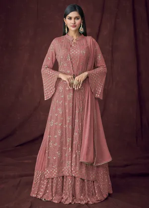 Fancy Fabric Pink Jacket Style Designer Lehenga Suit