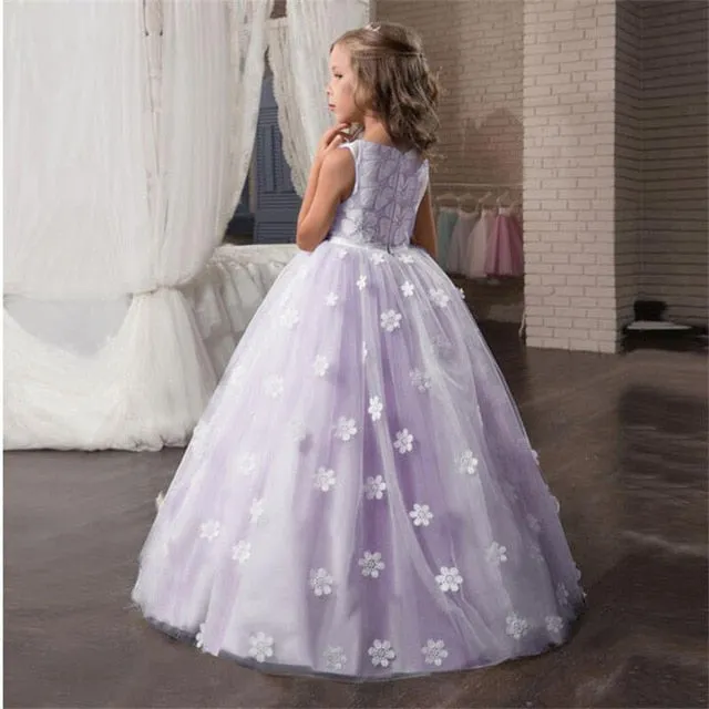 Fancy Flower Long Prom Gowns Teenagers Girls Children Party  Kids Evening Formal Flower Girl Bridesmaid Wedding Dress