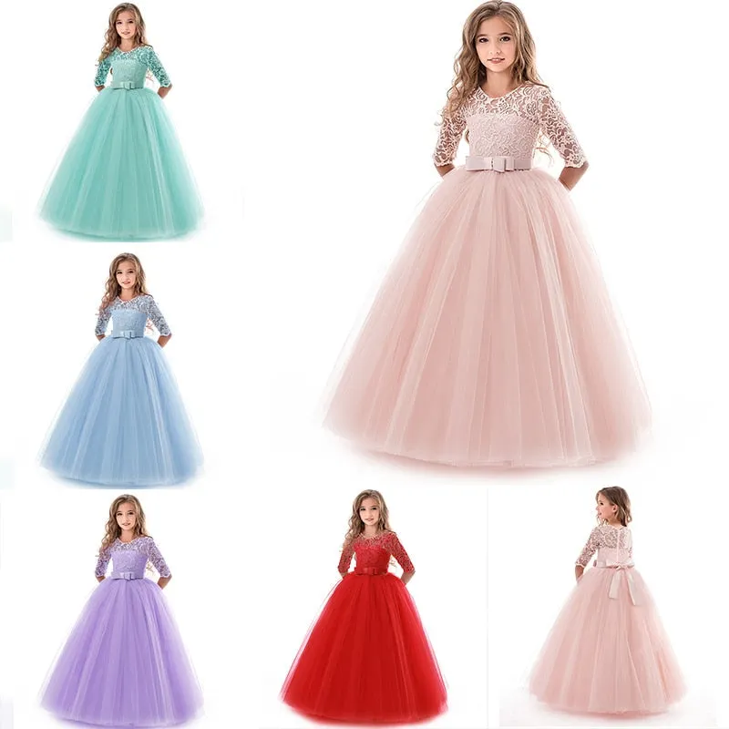 Fancy Flower Long Prom Gowns Teenagers Girls Children Party  Kids Evening Formal Flower Girl Bridesmaid Wedding Dress