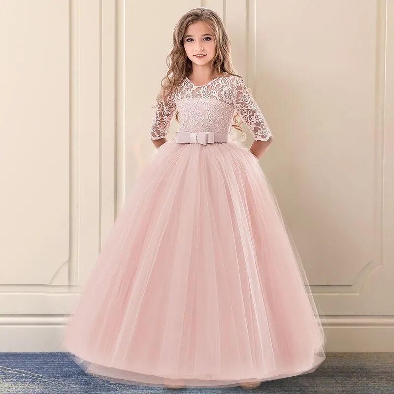 Fancy Flower Long Prom Gowns Teenagers Girls Children Party  Kids Evening Formal Flower Girl Bridesmaid Wedding Dress