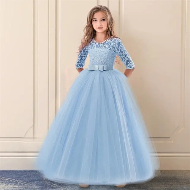 Fancy Flower Long Prom Gowns Teenagers Girls Children Party  Kids Evening Formal Flower Girl Bridesmaid Wedding Dress