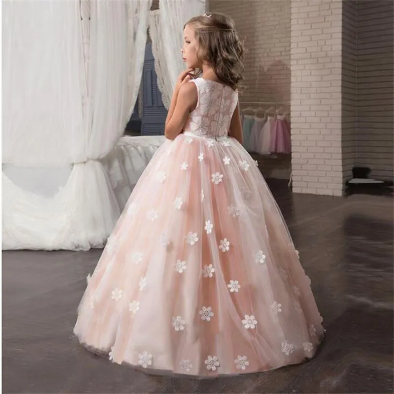 Fancy Flower Long Prom Gowns Teenagers Girls Children Party  Kids Evening Formal Flower Girl Bridesmaid Wedding Dress