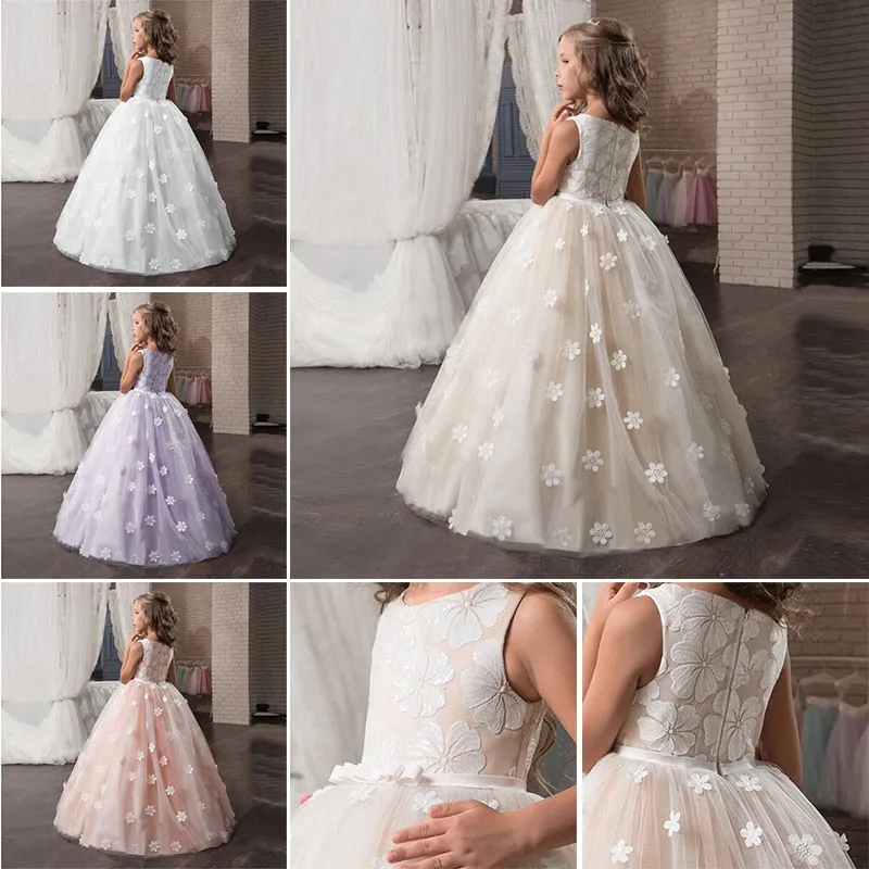 Fancy Flower Long Prom Gowns Teenagers Girls Children Party  Kids Evening Formal Flower Girl Bridesmaid Wedding Dress