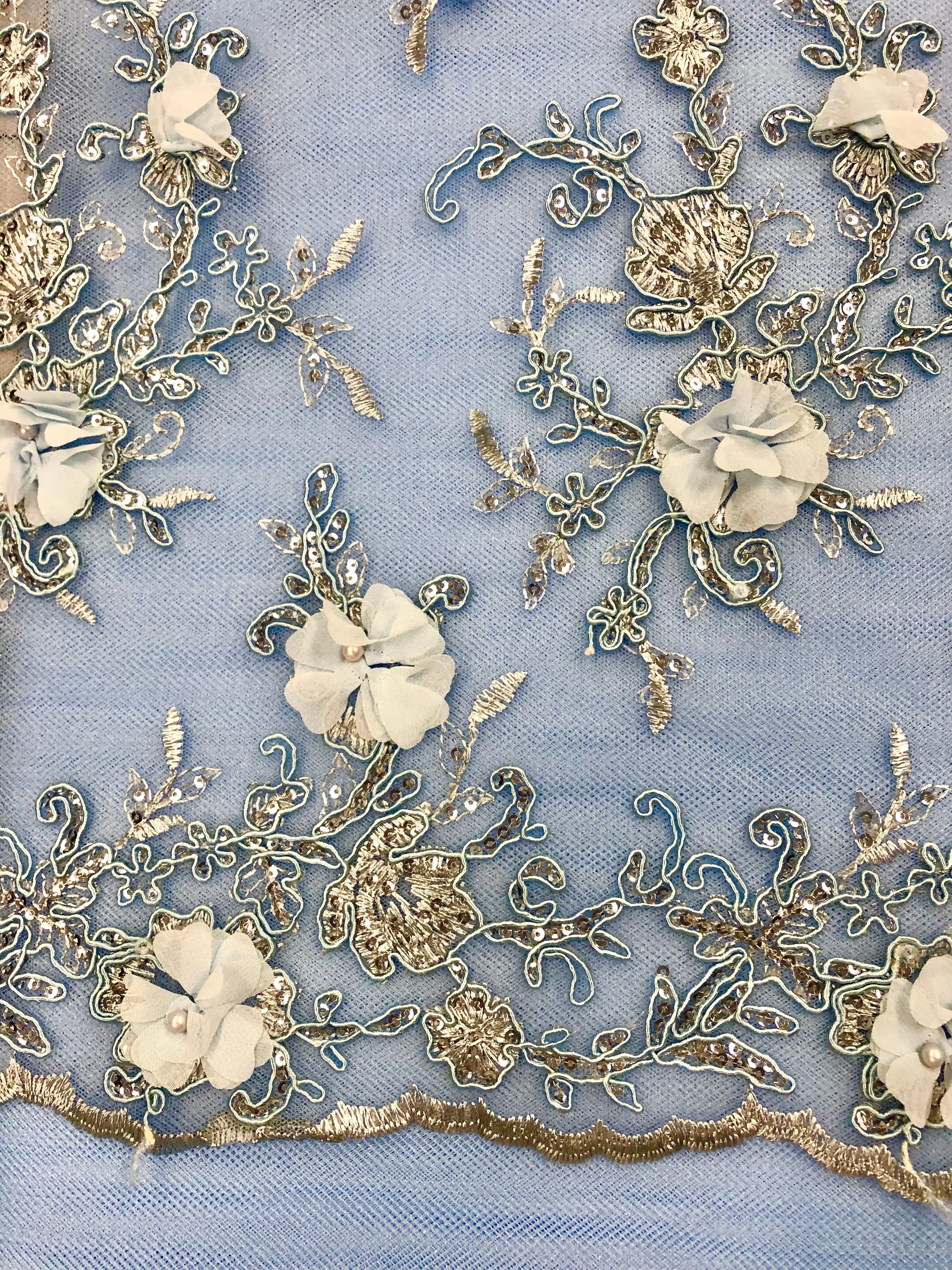 Fancy Lace - 52-inches Wide Corded Sequined Embroidered 3D Blue Only One 3/4-yard Piece Left!