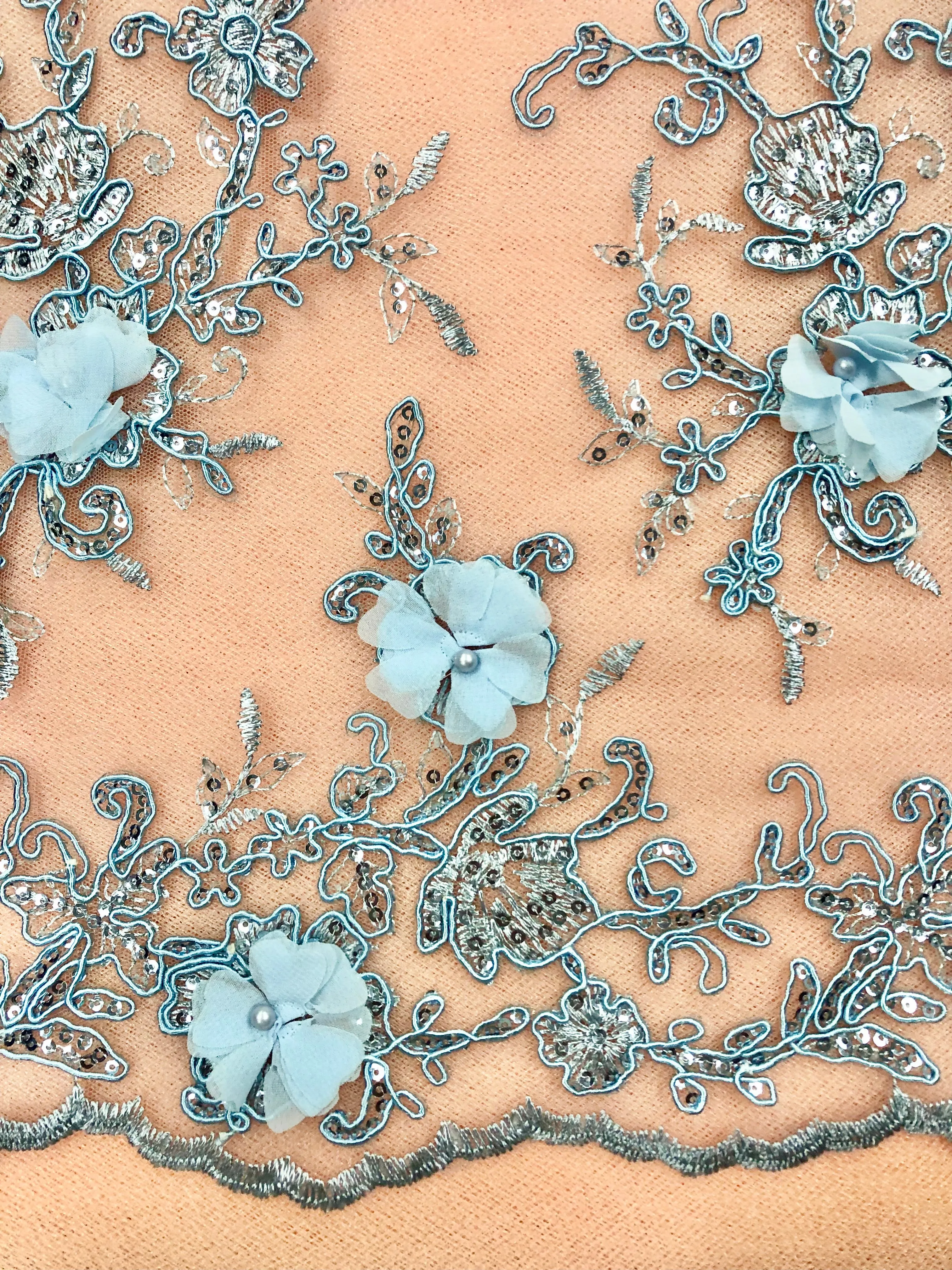 Fancy Lace - 52-inches Wide Corded Sequined Embroidered 3D Blue Only One 3/4-yard Piece Left!