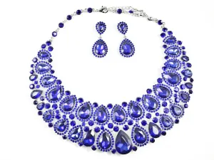 Fancy Layered Blue Color Crystals Pear Shape Design Style Pattern Earring Necklace Set