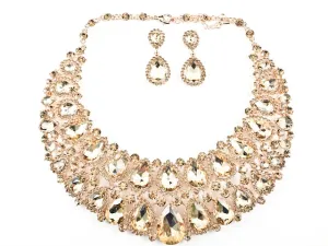 Fancy Layered Light Brown Color Crystals Pear Shape Design Style Pattern Earring Necklace Set