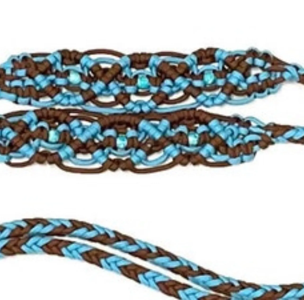 Fancy turquoise and brown braided split reins with beading....beautiful yet practical