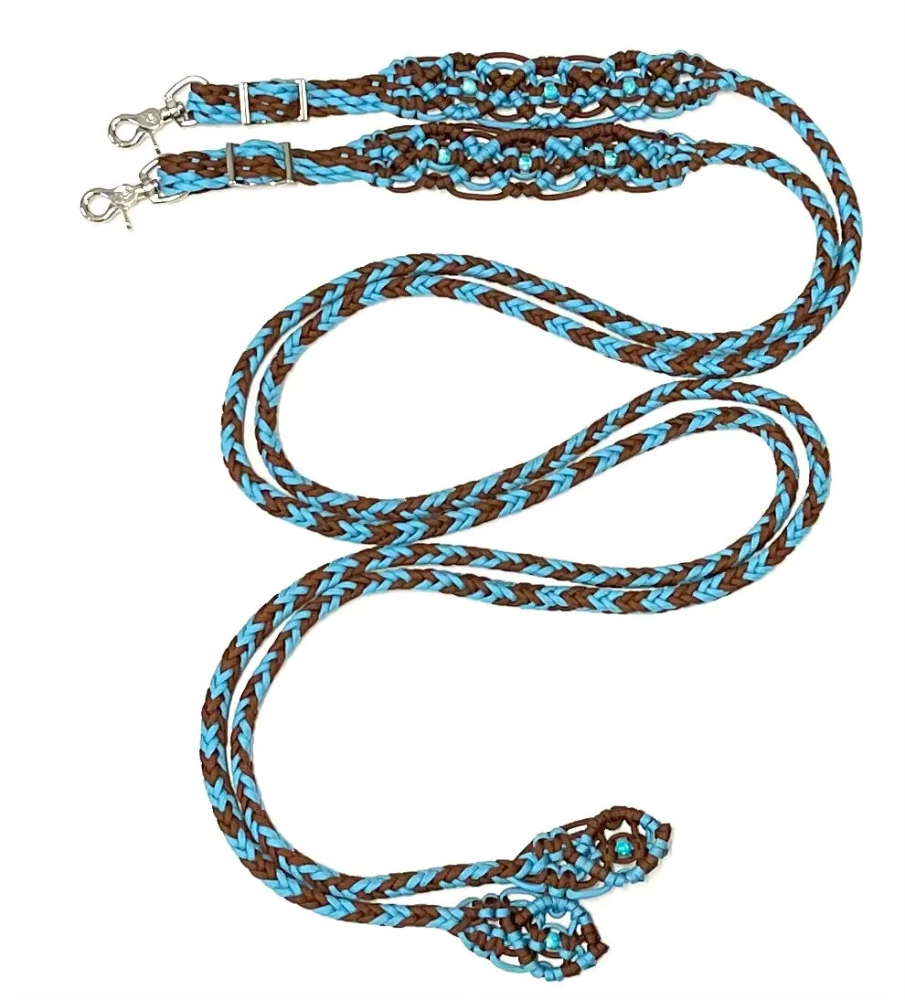 Fancy turquoise and brown braided split reins with beading....beautiful yet practical