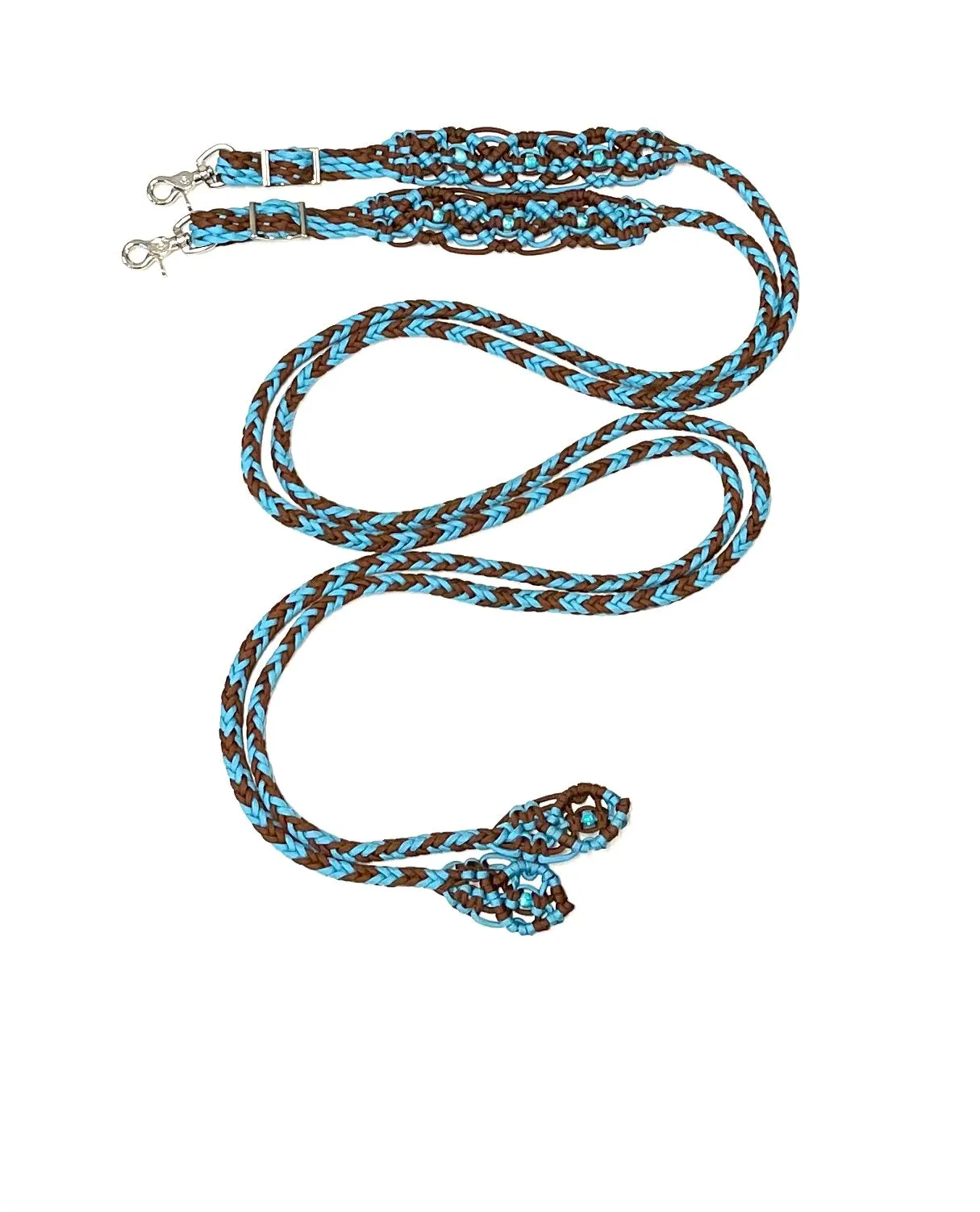 Fancy turquoise and brown braided split reins with beading....beautiful yet practical