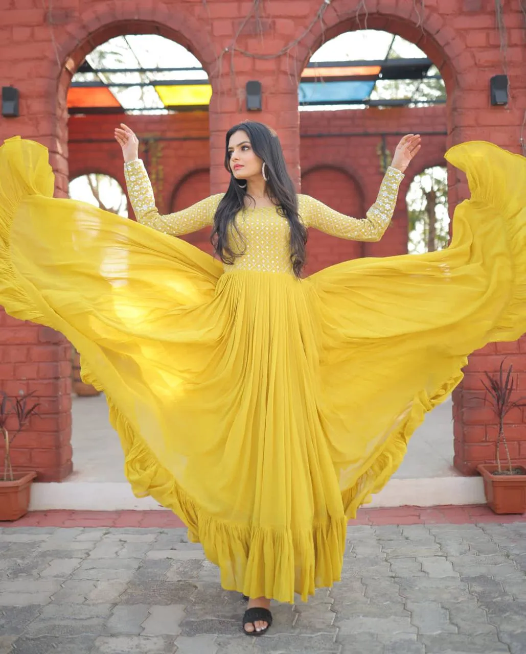 Fantastic Multi Sequins Work Yellow Color Gown