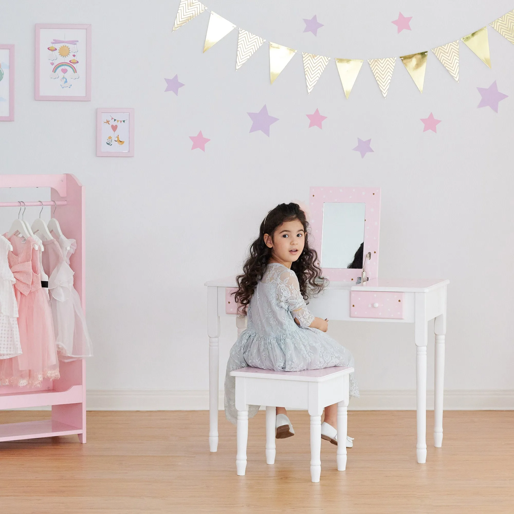 Fantasy Fields Kids Kate Twinkle Star Vanity Set With Foldable Mirror And Chair, Pink/white