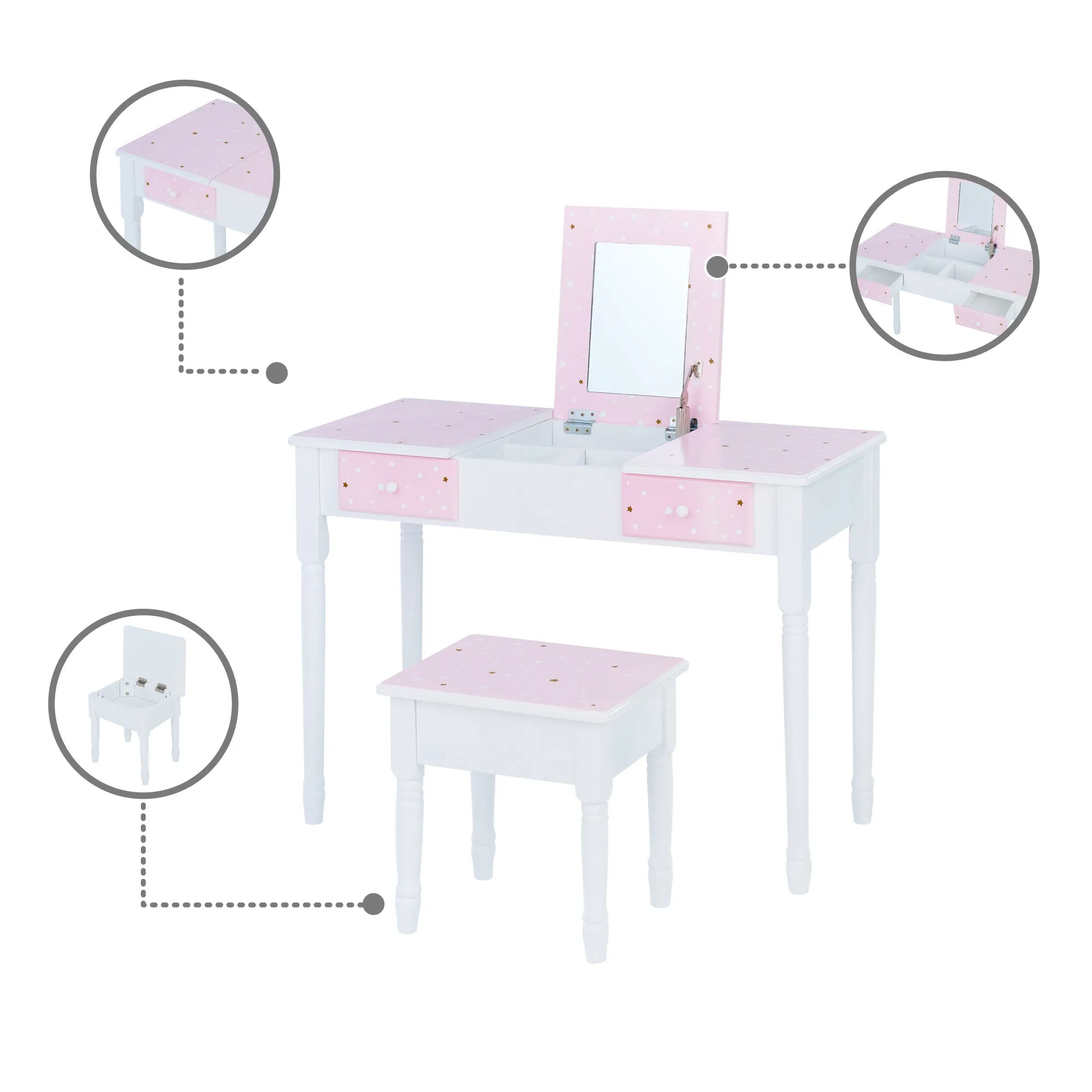 Fantasy Fields Kids Kate Twinkle Star Vanity Set With Foldable Mirror And Chair, Pink/white