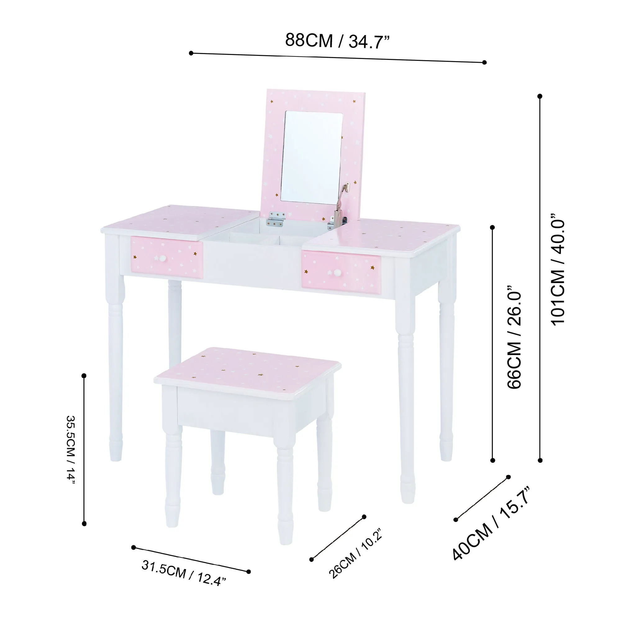 Fantasy Fields Kids Kate Twinkle Star Vanity Set With Foldable Mirror And Chair, Pink/white