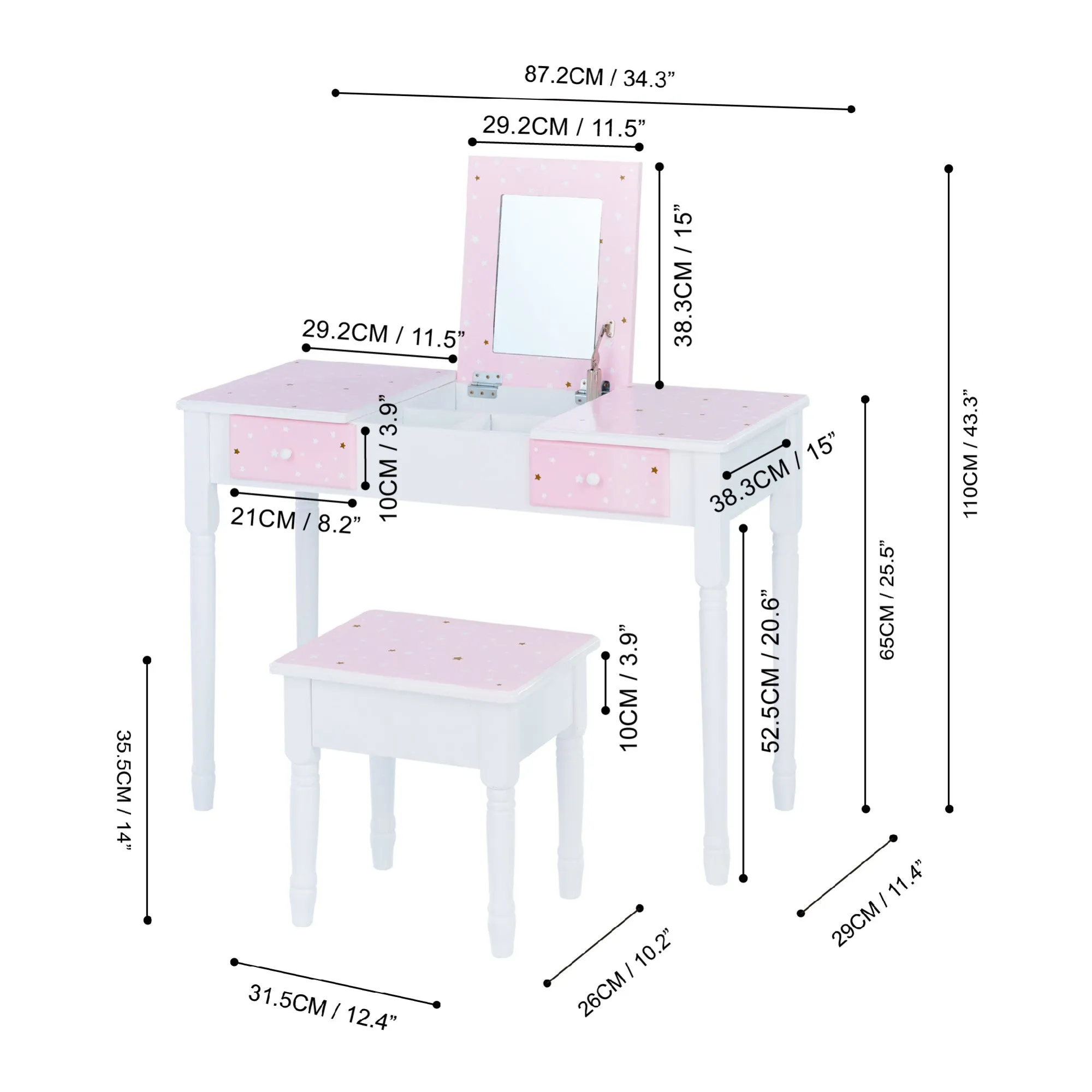 Fantasy Fields Kids Kate Twinkle Star Vanity Set With Foldable Mirror And Chair, Pink/white