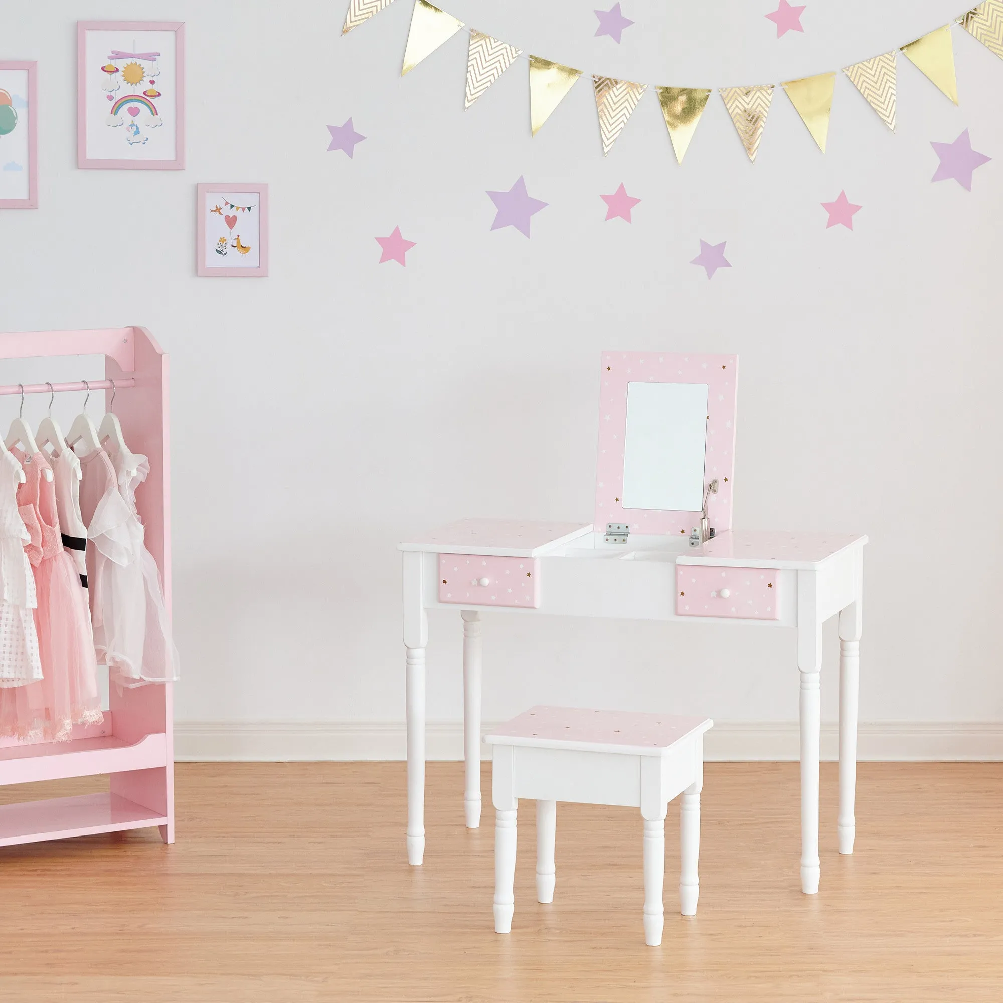 Fantasy Fields Kids Kate Twinkle Star Vanity Set With Foldable Mirror And Chair, Pink/white