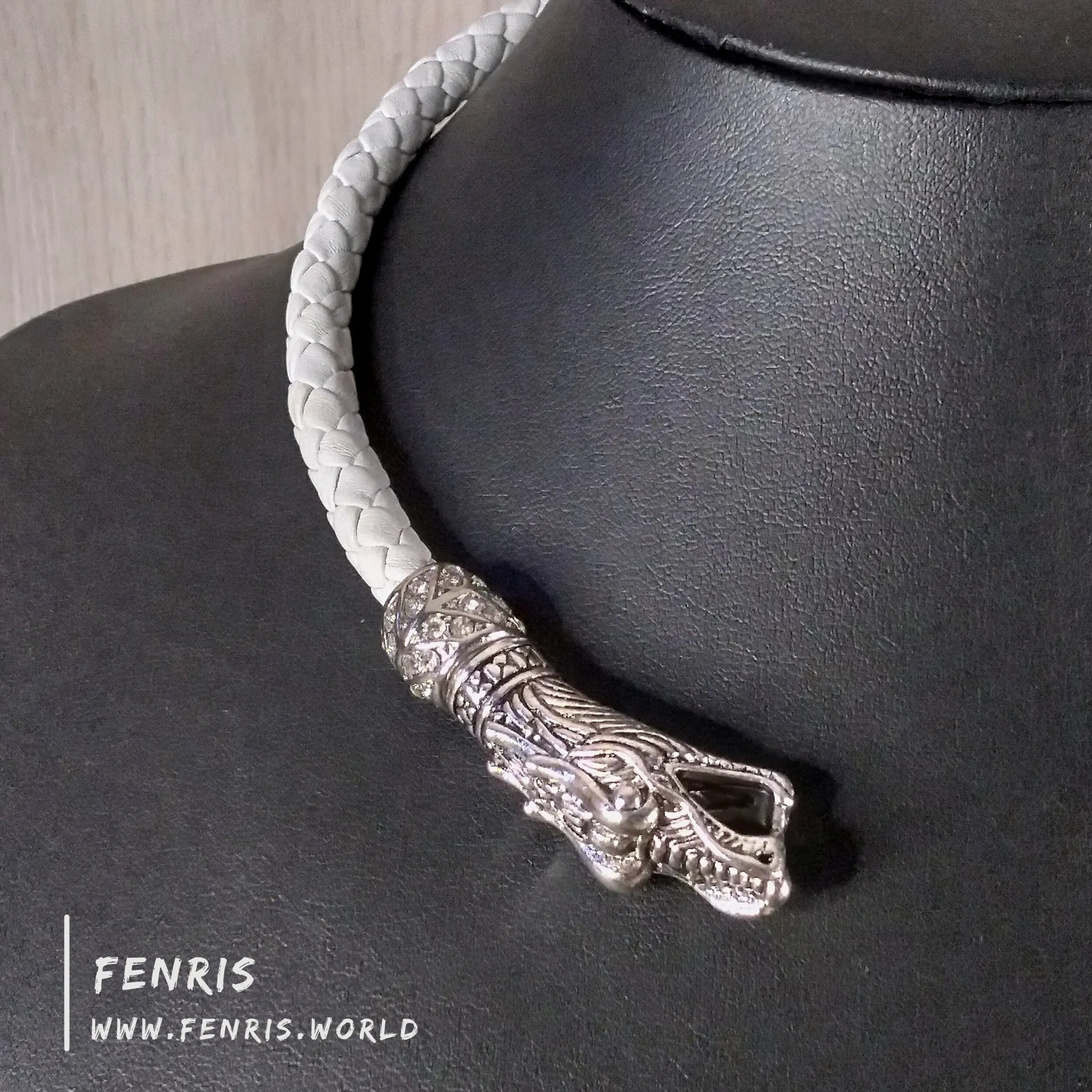 Fantasy Wedding Torc Silver Dragon White Leather | Fenris