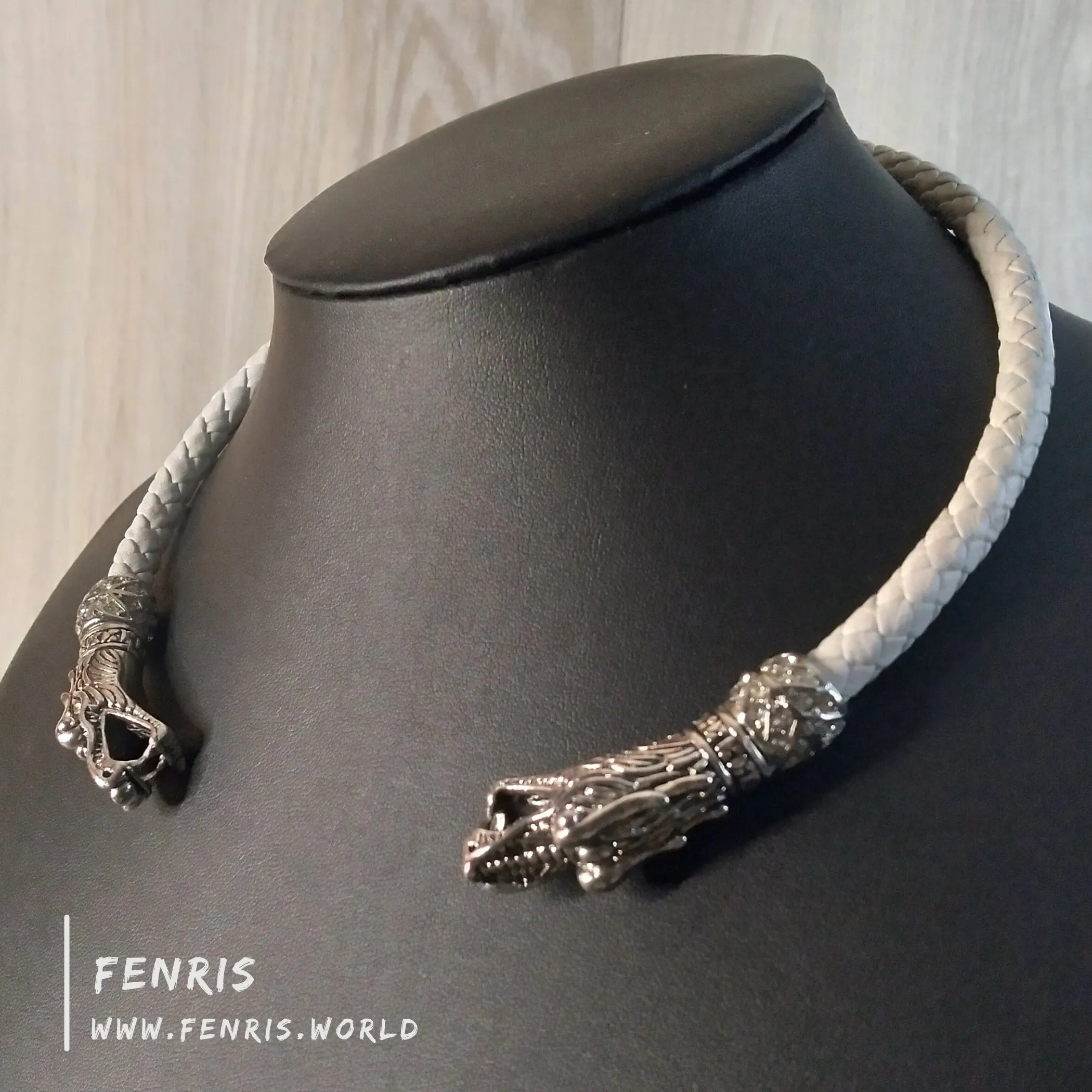 Fantasy Wedding Torc Silver Dragon White Leather | Fenris