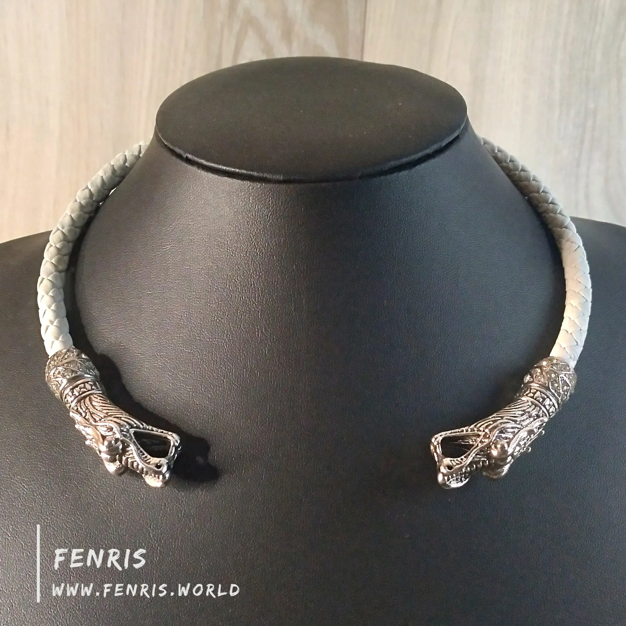 Fantasy Wedding Torc Silver Dragon White Leather | Fenris