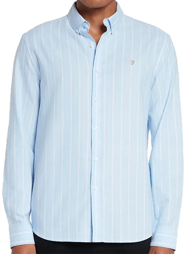 Farah Mens Brewer Slim Fit Long Sleeve Organic Cotton Stripe Shirt Sky Blue