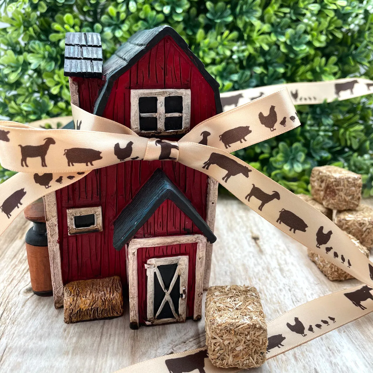 Farm Animal ribbon, silhouettes in brown printed on 5/8" raw silk satin