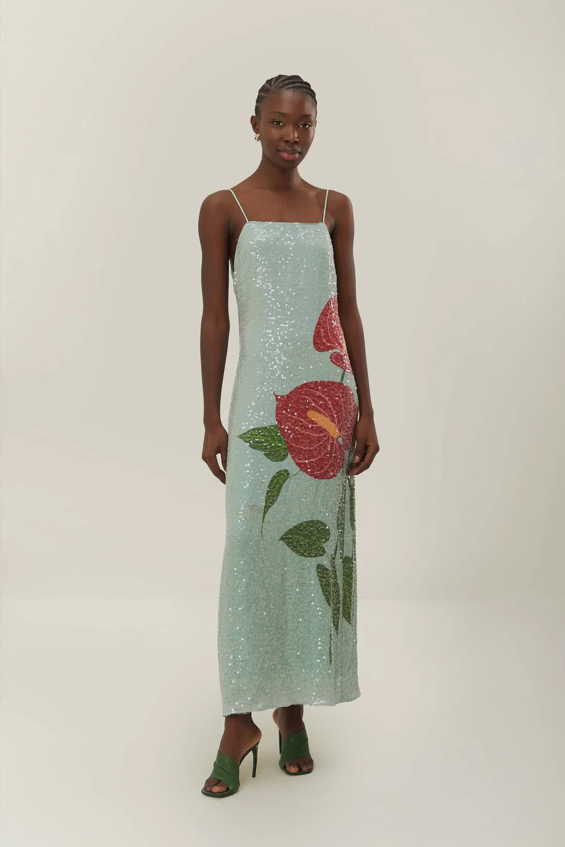 Farm Rio Anthurium Flowers Blue Slip Maxi Dress