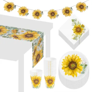 Farmhouse Sunflower Party Paper Dessert Plates, Napkins, Cups, Table Runner, and Garland Set (Serves 16)