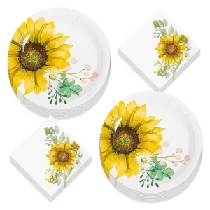 Farmhouse Sunflower Party Round Paper Dinner Plates and Luncheon Napkins (Serves 16)