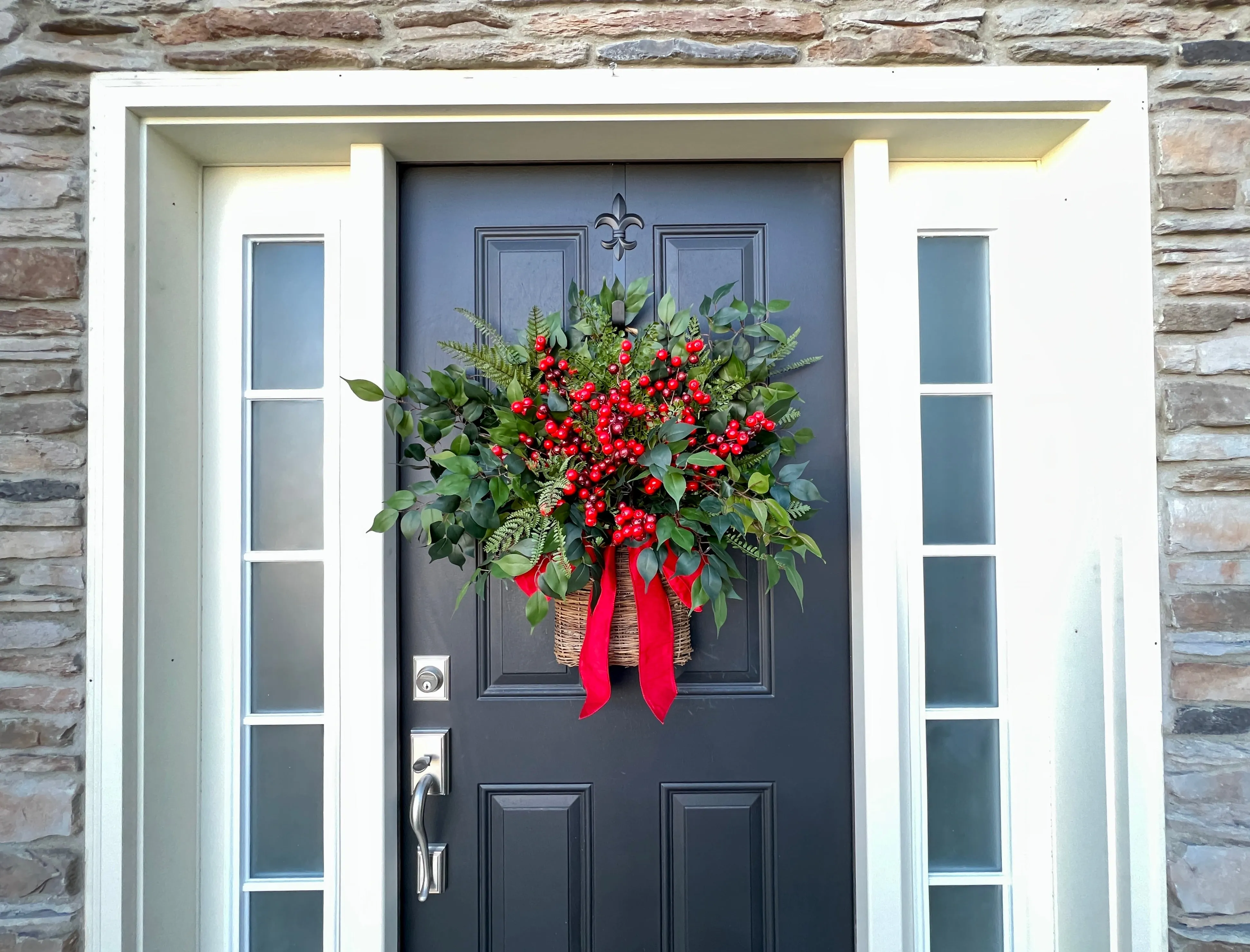 Farmhouse Winter Fern and Red Berry Door Basket