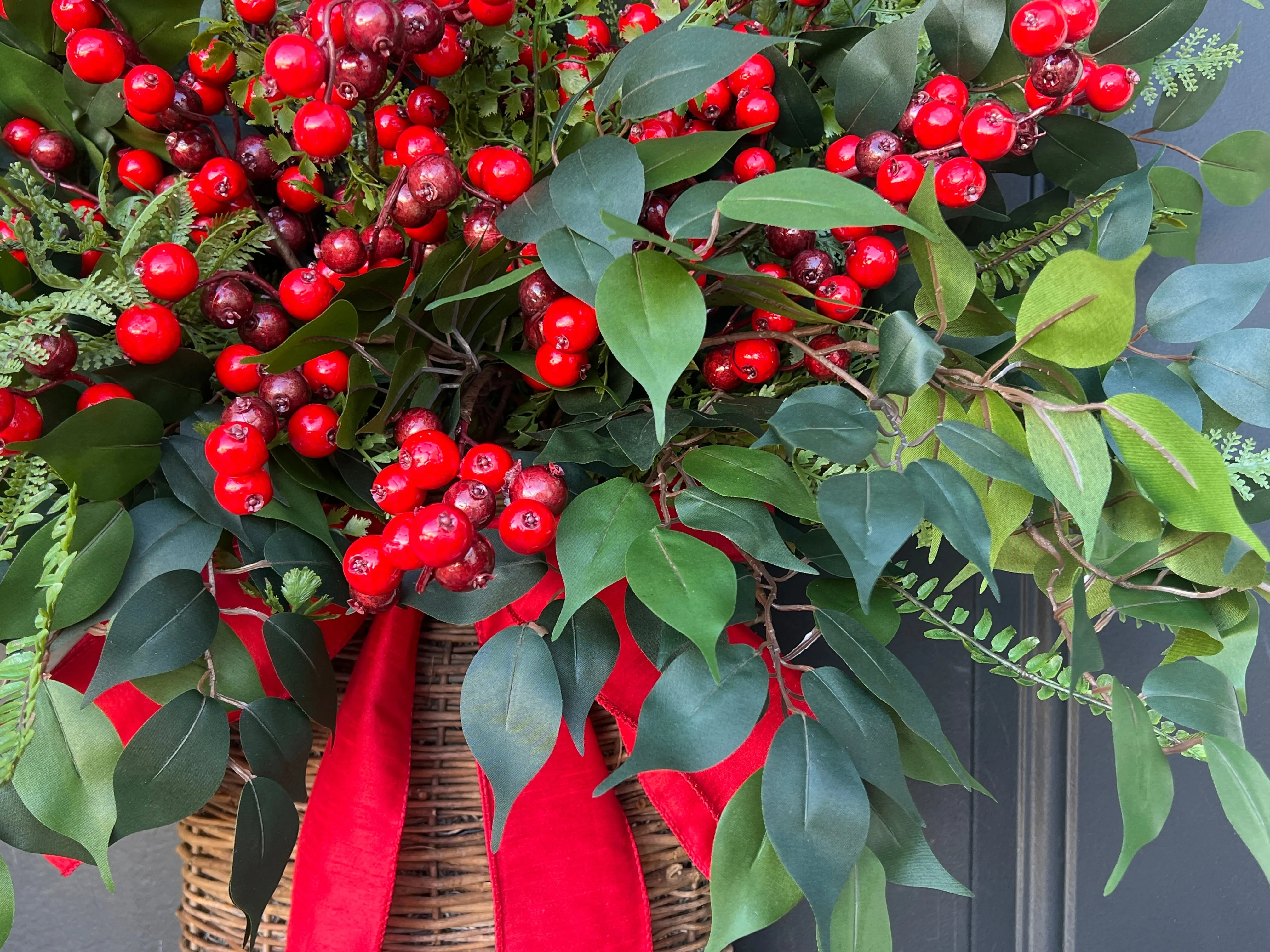 Farmhouse Winter Fern and Red Berry Door Basket