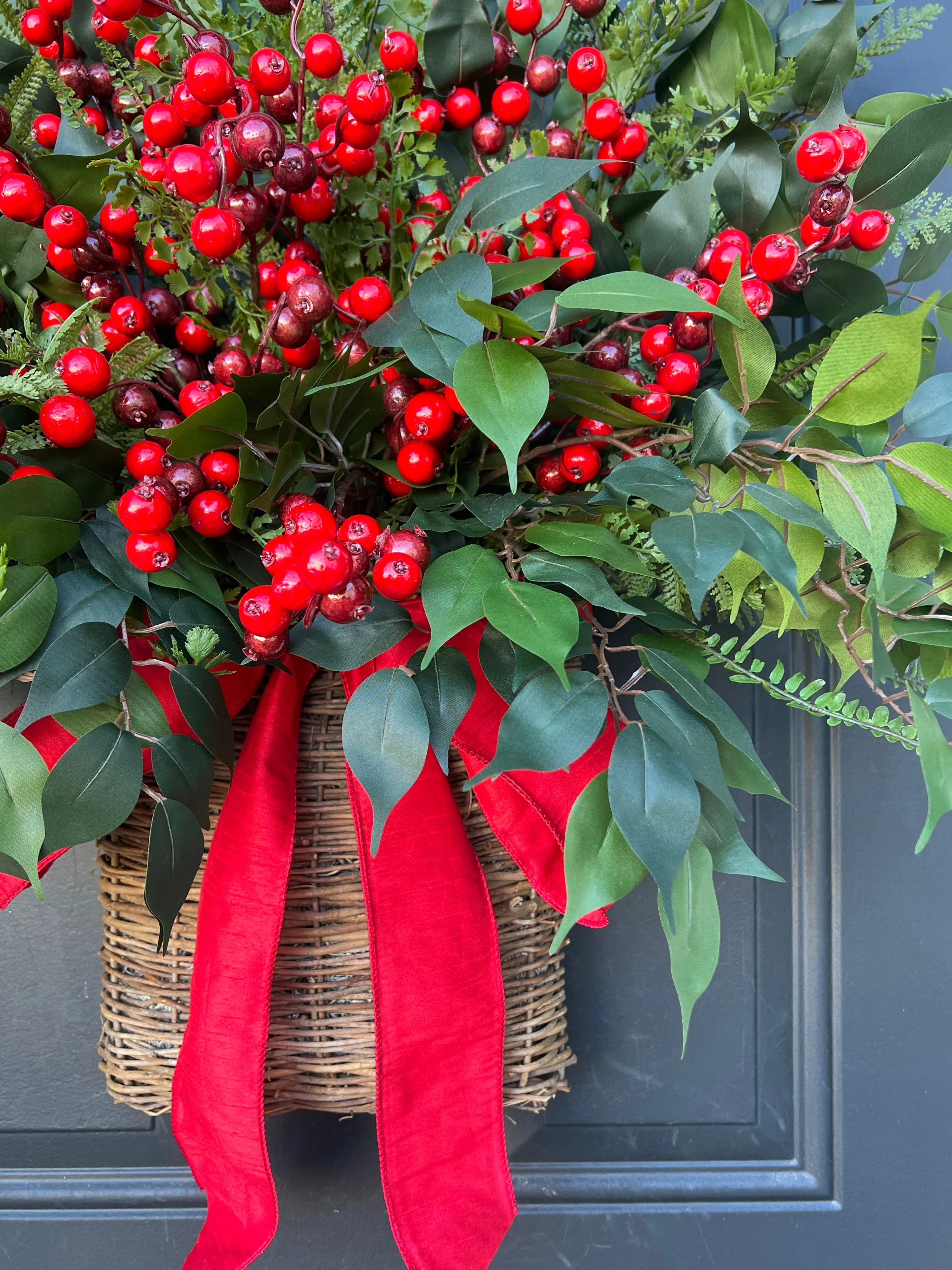 Farmhouse Winter Fern and Red Berry Door Basket